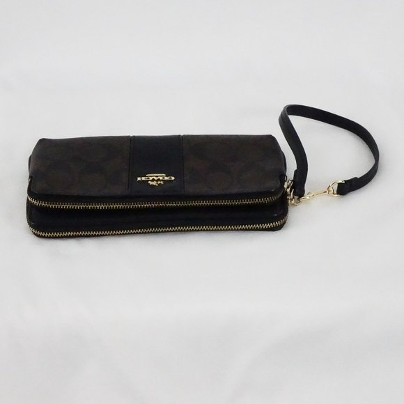 Coach Signature Double Zip Wristlet / Wallet PVC Leather F52848 Brown Black - Picture 7 of 11